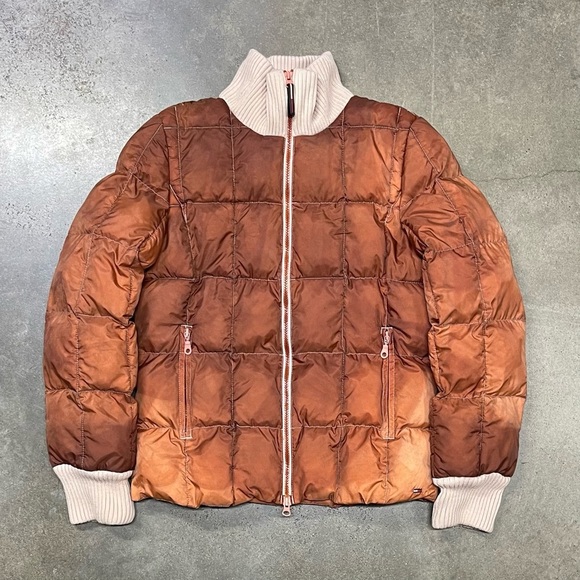 Vintage Y2K Tommy Jeans Puffer Jacket Faded Brown Cream Ribbed Collar Size L - Picture 1 of 9